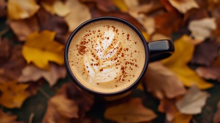 Wall Mural - A cup of coffee with a leaf design on it is sitting on a table covered in autumn