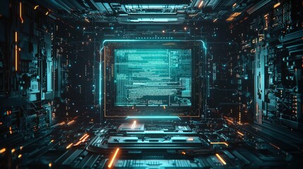 Futuristic Digital Interface with Neon Lights and Holographic Displays