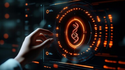 Wall Mural - There is a doctor in a white lab coat touching a glowing blue DNA strand icon, surrounded by medical symbols and connected lines in the shape of a high-tech network.