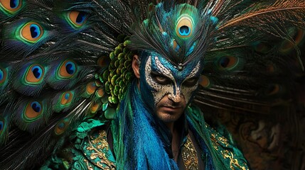 Wall Mural - Fantasy Warrior with Ornate Peacock-Inspired Face Paint