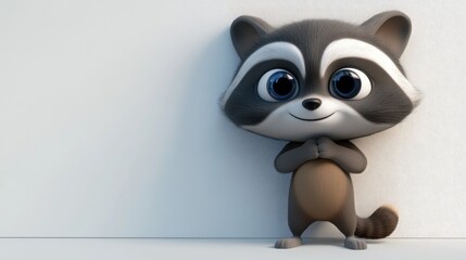 Poster - A cute animated raccoon character with large eyes, smiling and standing against a plain background.