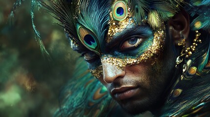 Wall Mural - Fantasy Warrior with Ornate Peacock-Inspired Face Paint