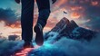 © Oulaphone - A close-up of a businessman's foot walking along a glowing path toward a mountain peak with a flag, symbolizing ambition and the journey to success.