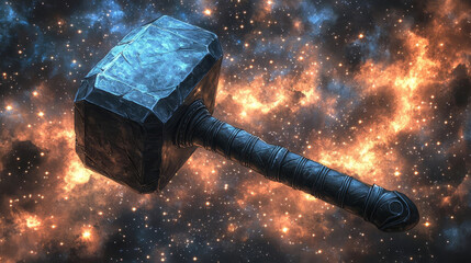 A floating hammer in cosmic background symbolizes power and strength, surrounded by vibrant stars and nebulae.