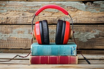 Canvas Print - Red headphones are lying on a stack of books on a wooden background, suggesting audiobooks and new technology