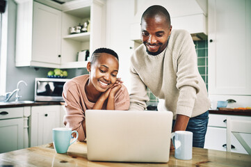 Sticker - Black couple, home and happy on kitchen counter with laptop on website for insurance options. People, relationship and smile or satisfied with online research for budget plan, life policy and cover