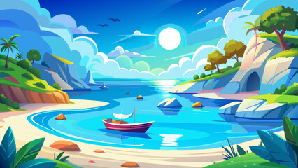 tranquil cove with soft, white sand, boats gently bobbing on the water, and a deep blue sky with the sun shining brightly