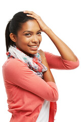 Happy, young woman and portrait with teen fashion, style and trendy outfit with smile in studio. Confidence, gen z and high school student from Brazil with scarf and accessory with white background