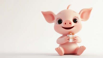 Sticker - A cute cartoon pig holding a gift, conveying joy and celebration.