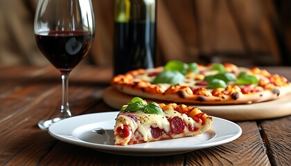 A delicious piece of pizza is on a white plate with a large pizza, red wine and a wooden table in the background, making it warm and tempting.