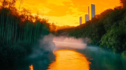 Poster - A view of a river with a city skyline in the background