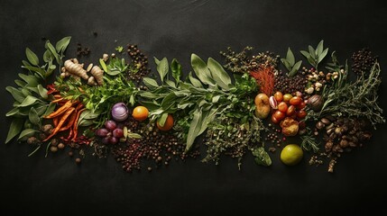 Wall Mural - A Culinary Still Life of Herbs, Spices, and Vegetables