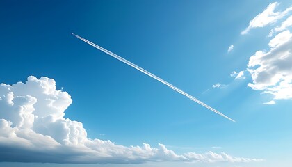 In the clear blue sky, a white aircraft trace streaked across, showing the beauty of the tranquil sky.