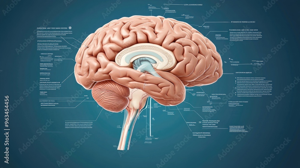 Diagram of the human brain with labeled regions and functions ...