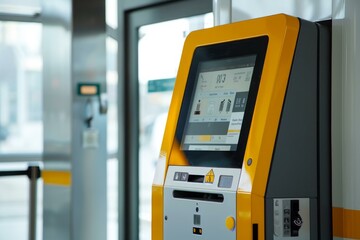 Yellow and grey modern self service terminal standing in public place with touch screen display for buying tickets