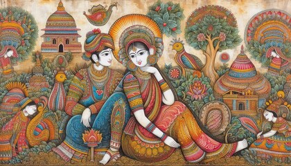 High-resolution stock photograph of a wall featuring a Traditional Madhubani style painting of a couple, intricately detailed with vivid colors on a rustic textured background