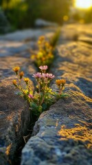 Wall Mural - A small pink flower growing out of a crack in a rock