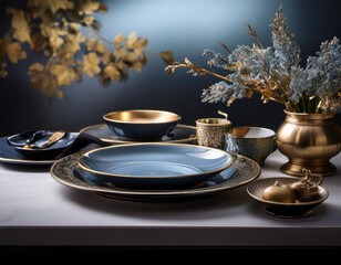 Elegant setting with golden cutlery on grey table,