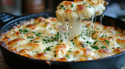 A person is scooping out a cheesy dish from a pan