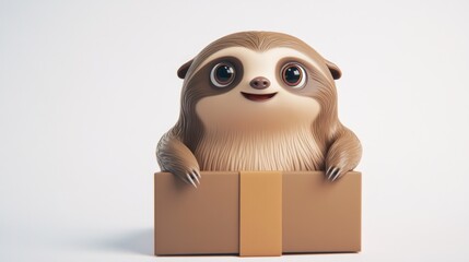 A cute cartoon sloth sitting in a cardboard box, smiling cheerfully.