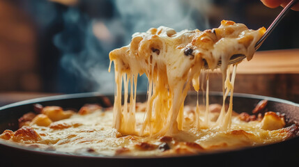 A person is holding a fork and spoon in front of a plate of cheesy pasta