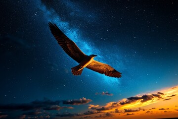 Wall Mural - Bird gliding through the stars, a lone traveler in the night sky as it flies beneath the Milky Way, illuminated by the light of distant galaxies