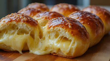 A close up of a pastry with a hole in it and cheese inside