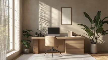 Minimalist home office with a sleek desk, a comfortable chair, and minimal decor, set against a neutral wall with natural light streaming in