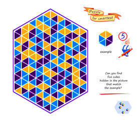 Wall Mural - Logic puzzle game for children and adults. Can you find 5 cubes hidden in the picture that match the example? Develop spatial thinking. Task for attentiveness. Brain teaser book. Vector illustration.