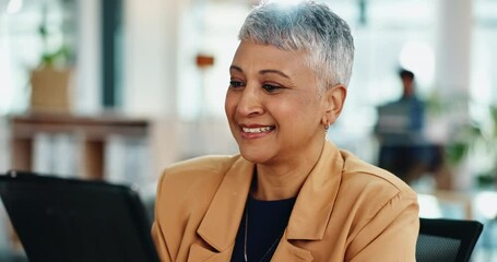 Wall Mural - Woman, tablet and happy in office for business, contact and positive company review. Mature assistant, technology and smile in corporate workplace for feedback, economic research and financial growth