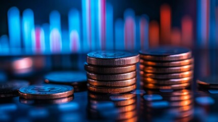 Wall Mural - Golden euro coins stacked on a black background, forming a graph of financial growth