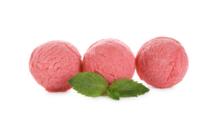 Wall Mural - Scoops of tasty watermelon sorbet and mint isolated on white