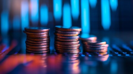 Canvas Print - Golden euro coins stacked on a black background, forming a graph of financial growth