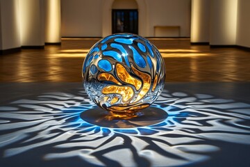 Glass sphere, casting strange shadows on the walls as light bends and warps around it, creating eerie, shifting patterns