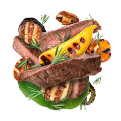 Sticker - Grilled meat, vegetables and mushrooms in air on white background