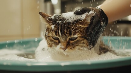 Wide shot of a cat being bathed in a pet grooming station, with a focus on the process of washing and rinsing the cat's fur