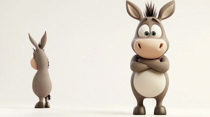 A cute, cartoonish donkey stands with arms crossed, while another donkey faces away.