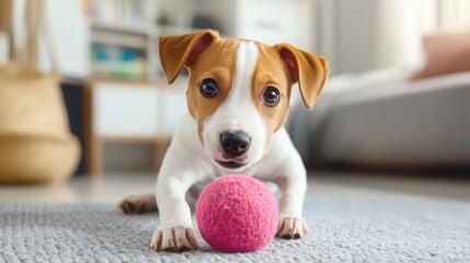 Dog playing with chew toy, bright room, 3D illustration