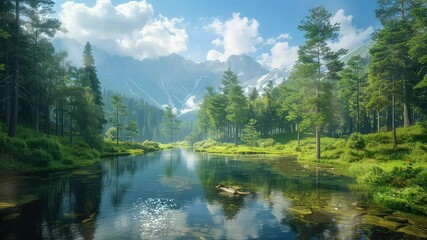 Wall Mural - animation serene mountain and lake view under blue sky generated with ai
