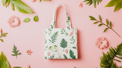 Wall Mural - Botanical print tote bag with green leaves and pink flowers on soft pink background