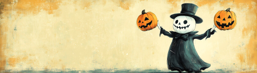 A cheerful ghost in a witch hat holds two pumpkins with jack-o'-lantern faces, set against a Halloween-themed autumn background.