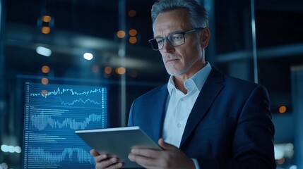 Wall Mural - A confident businessman in a suit analyzes financial charts and data on a tablet. He is focused and determined, showcasing a successful entrepreneur dedicated to financial success. The image symbolize