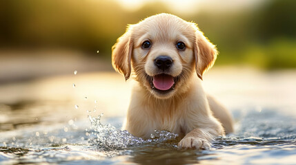 puppy happily enjoy in well water 