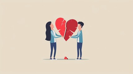 Man and a woman in a quarrel. Disagreement, relationship troubles. Couple holds a red broken heart. Concept of divorce, misunderstanding in family.