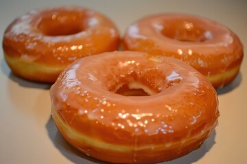 Wall Mural - Closeup photography of a tempting display of three golden brown glazed doughnuts with shiny icing, showcasing the delicious and indulgent tradition of sweet, baked goods in a bakery setting