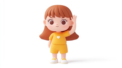 Poster - A cute, stylized cartoon girl with brown hair, waving and wearing a yellow outfit.