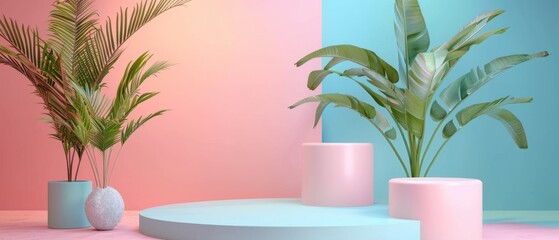 Poster - Minimalist Product Display with Palm Trees and Pastel Background