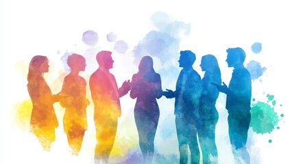 A group of business professionals, represented as colorful silhouettes, engaged in conversation and collaboration, symbolizing teamwork, communication, diversity, and the power of shared ideas.