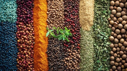 Wall Mural - Colorful Assortment of Spices and Herbs in Rows