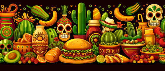 Wall Mural - A colorful and vibrant image of various foods and decorations, including a sandwich, a skull, and a cactus